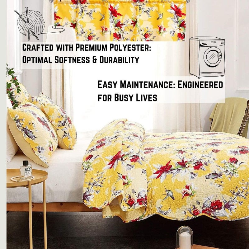 DaDa Bedding Radiant Sunshine Yellow Floral Bedspread Set - Hummingbirds Farmhouse Red Flowers Garden Quilted Coverlet - Scalloped Edges Bright Vibrant Multi-Colorful - Cal King - 3-Pieces - Image 5